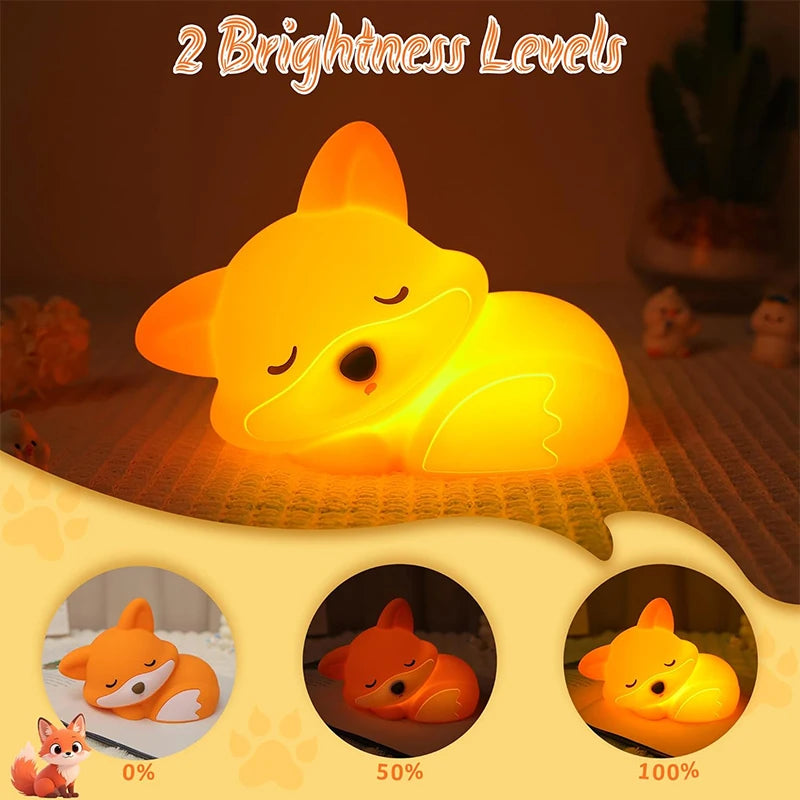 Squishy Fox Night Light – Rechargeable Silicone Lamp with Touch, Dimmable & Timer for Bedside & Breastfeeding
