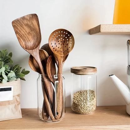 5pcs Premium Wooden Kitchen Utensils Set - Ergonomic Handles, Natural Wooden Spoons, Spurtle, Ladle, And Wok Spatulas