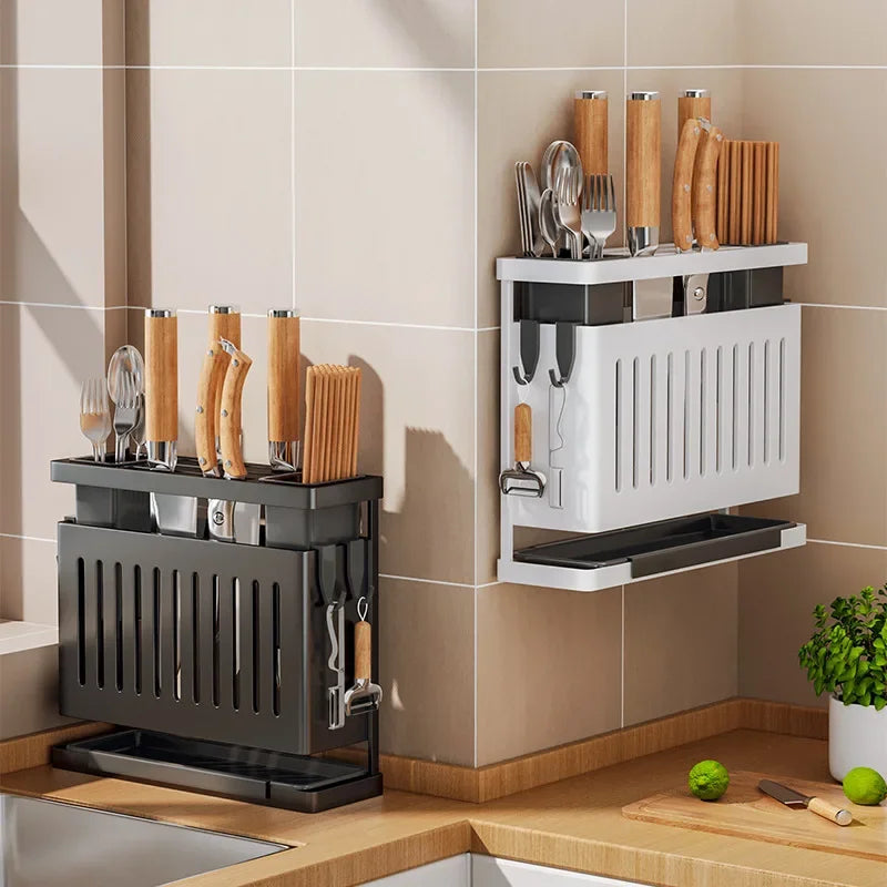 Kitchen Storage Rack Wall-Mounted Multifunctional Storage Knife Rack Detachable Stainless Steel With Multiple Brackets And Hooks