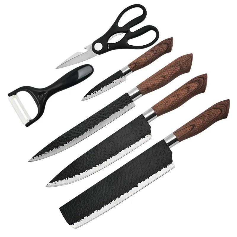 6pcs Kitchen Knives Set Chef Slicing Knives Set Meat Cleaver Fruit Knife Peeler Scissors Stainless Steel Cooking Set Tools