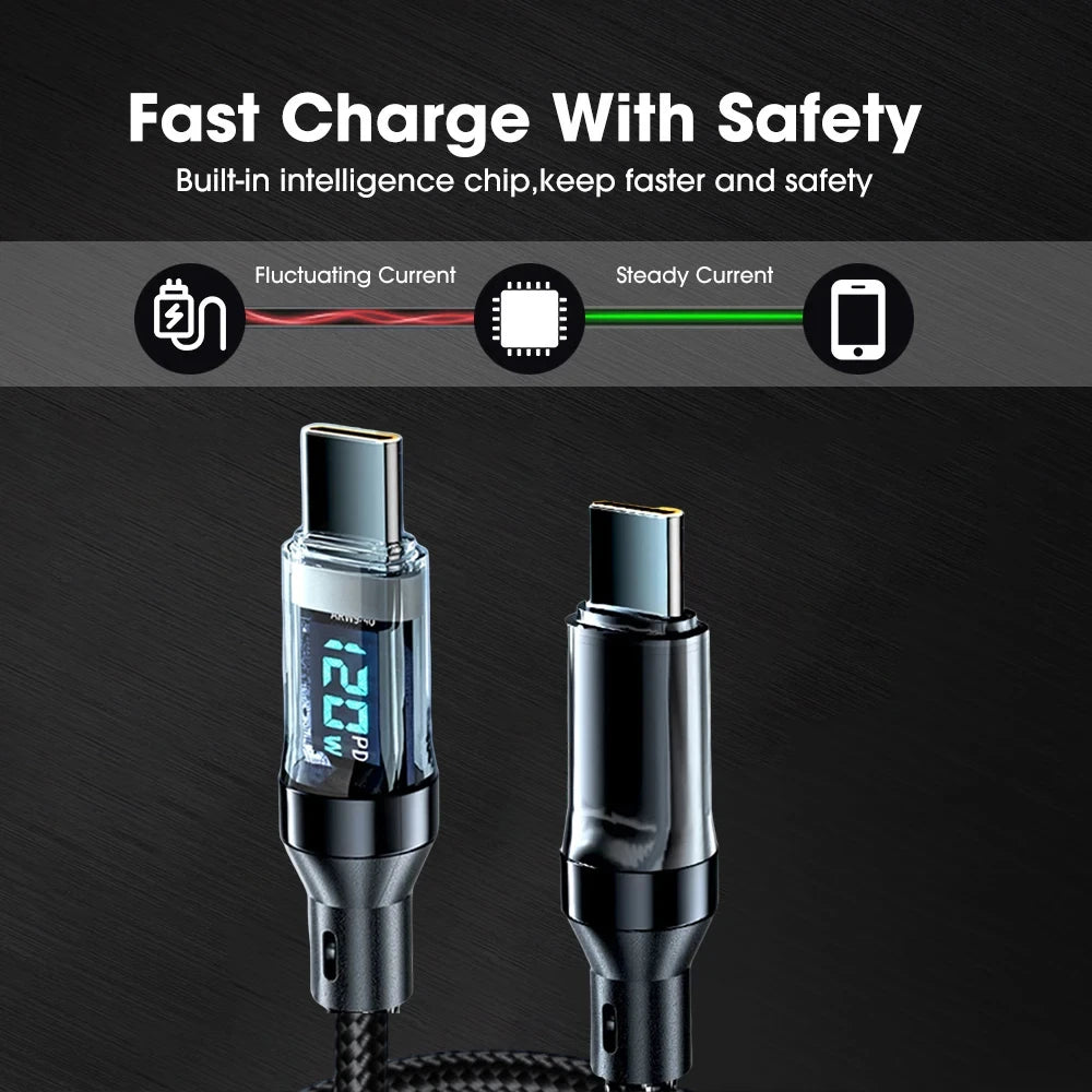 120W Super Fast Charging Cable – USB-A to USB-C & USB-C to USB-C with LED Display (Not Compatible with Xiaomi/iPhone/Samsung)