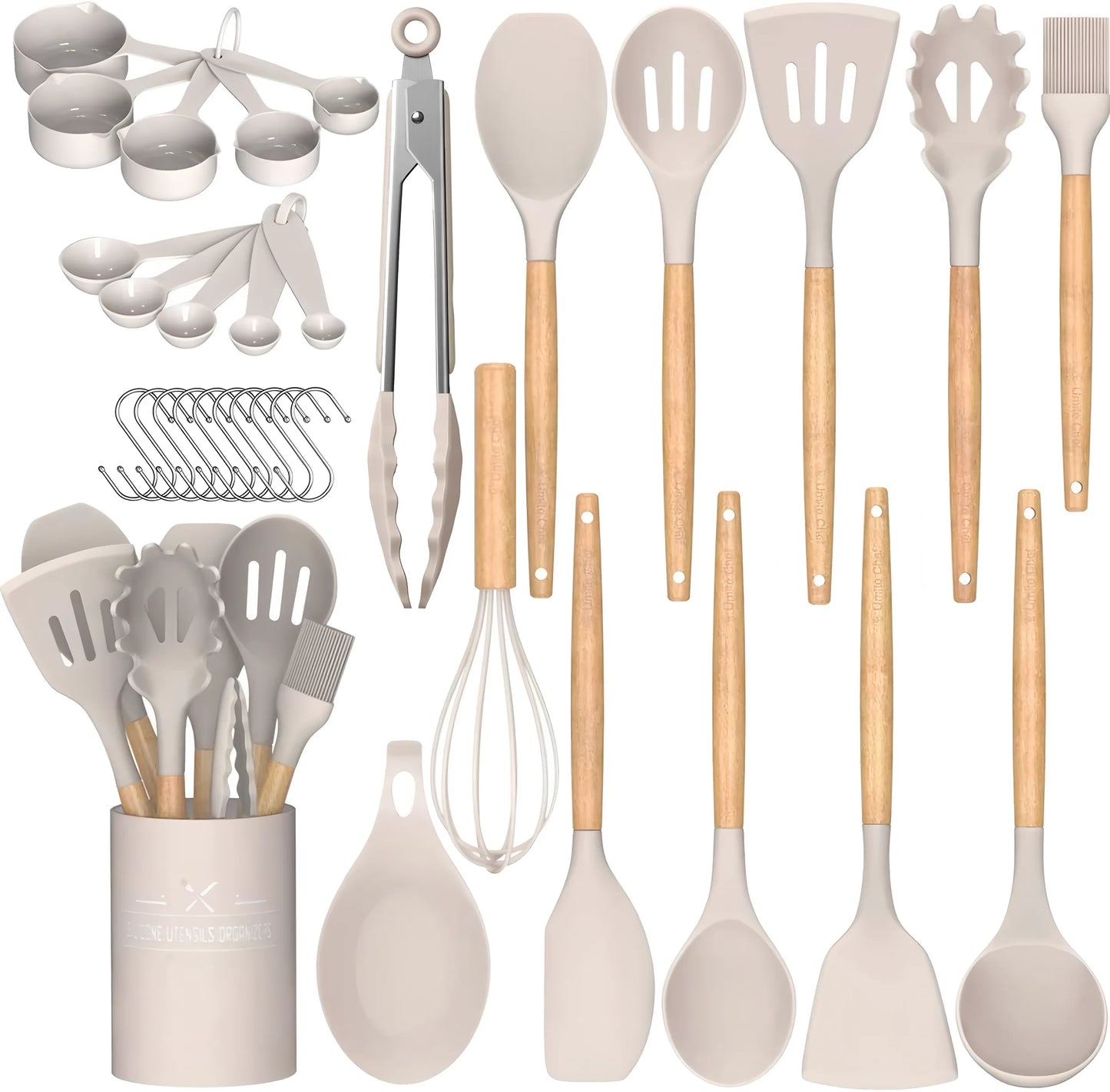 Silicone Kitchen Cooking Utensils Set Non-Stick Spoon Kit With Holder Wooden Handle Scoop Spatula Gadgets Ladle Colander Set
