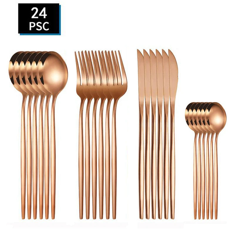 24pcs stainless steel tableware set, including knife, fork, spoon and tea spoon, suitable for outdoor travel.