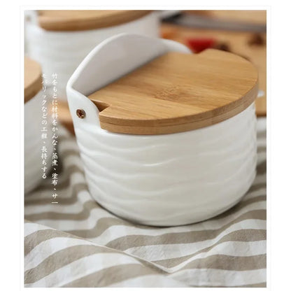 Kitchen Spice Rack Ceramic Wooden Lid Bamboo Tray Base Seasoning Pot Tool Porcelain Storage Container Set Convenient Salt Pepper