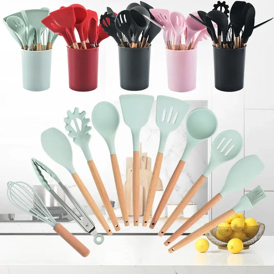 12PCS/Set Premium Quality Silicone Kitchen Utensils Set with Wood Handle and Storage Bucket Kitchen Tools Cooking Accessories