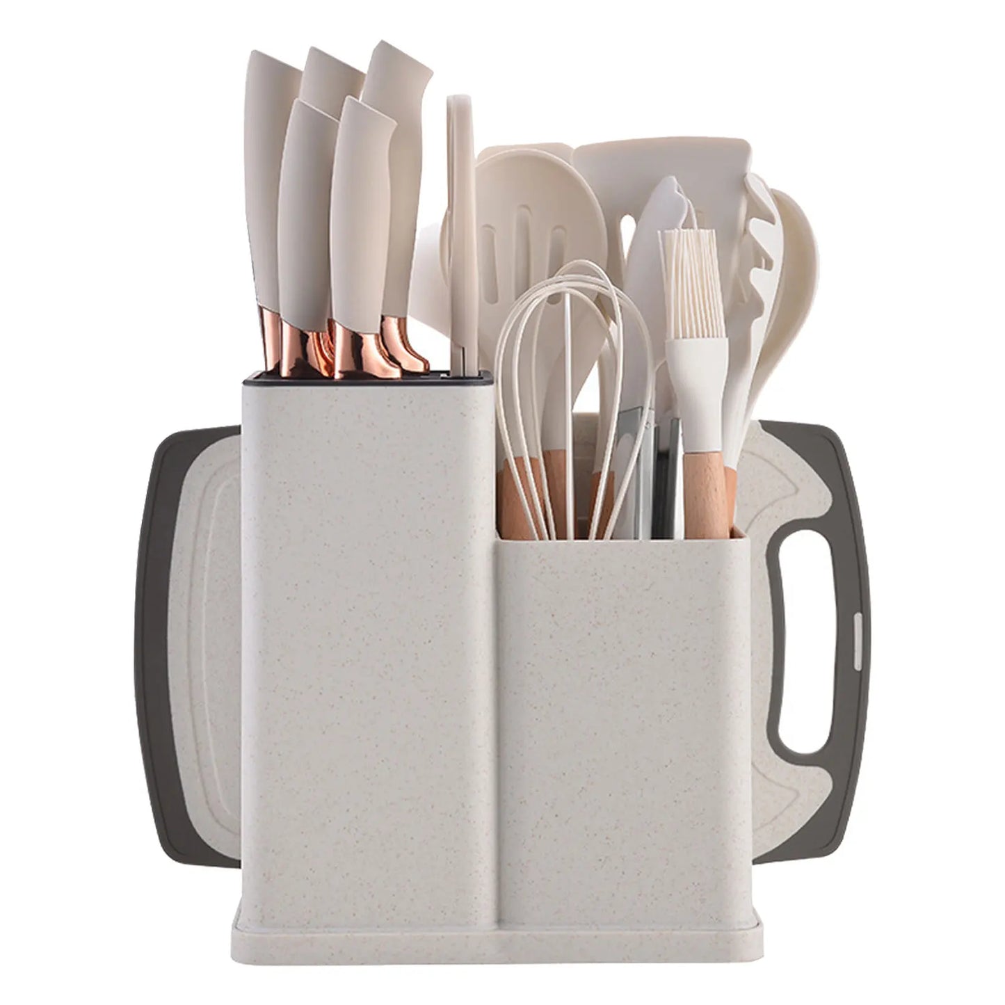 Silicone kitchenware set,19-piece cooking wooden handle scoop,non-stick pan multi-functional integrated knife storage bucket