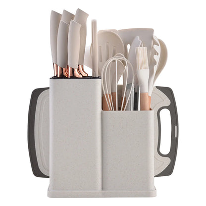 Silicone kitchenware set,19-piece cooking wooden handle scoop,non-stick pan multi-functional integrated knife storage bucket