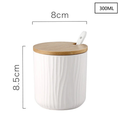 Ceramic Seasoning Jars with Wooden Lid Salt Shakers Kitchen Supplies White Spice Organizer Canister Spoon Set White Sugar Box