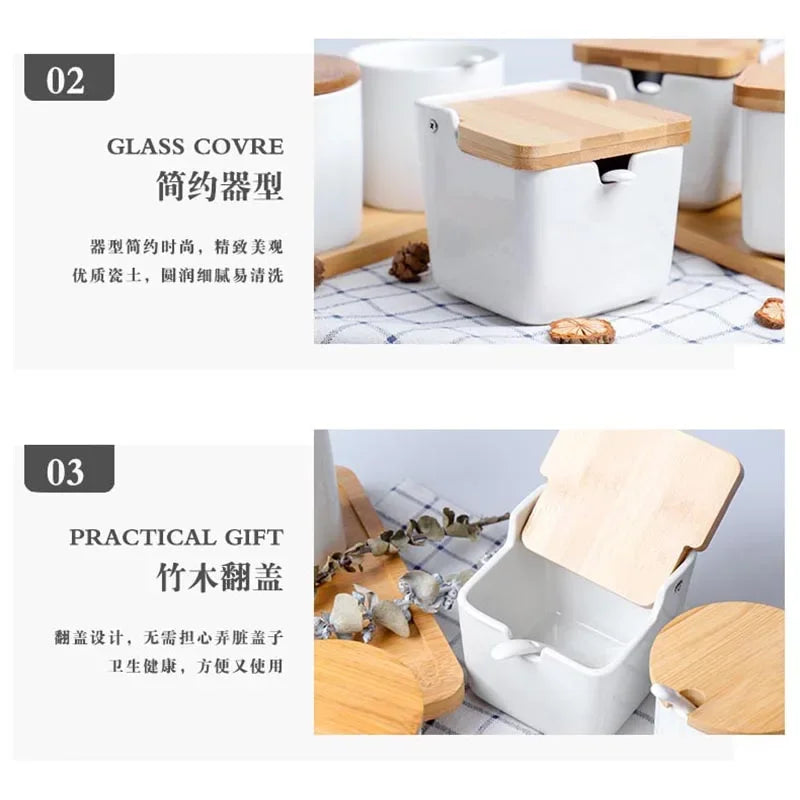 Kitchen Spice Rack Ceramic Wooden Lid Bamboo Tray Base Seasoning Pot Tool Porcelain Storage Container Set Convenient Salt Pepper