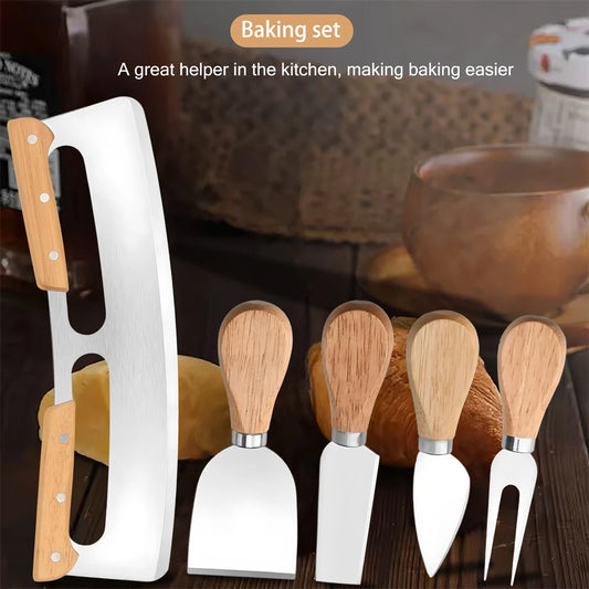 5PCS，Kitchen Baking Tool Set Pizza Slicer Wooden Handles Cheese knife Set Cake Knife Kitchen Tools Kitchen Pizza Tools