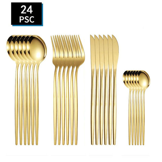 24pcs stainless steel tableware set, including knife, fork, spoon and tea spoon, suitable for outdoor travel.