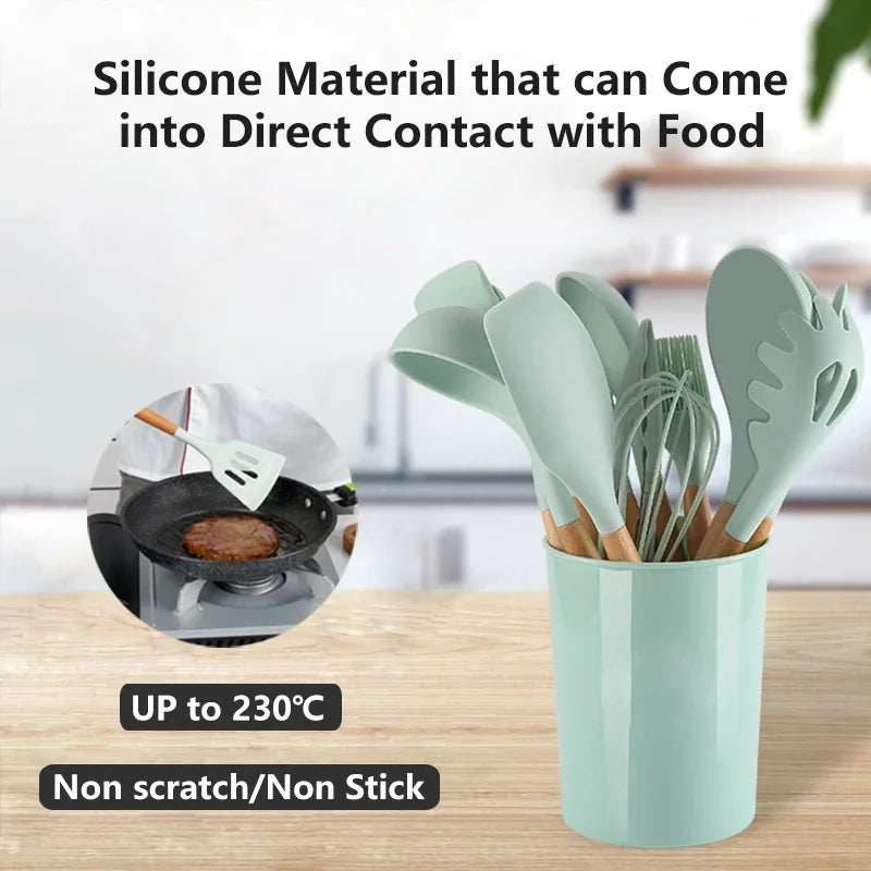 12PCS Silicone Kitchenware Non-Stick Cookware Kitchen Utensils Set Spatula Shovel Egg Beaters Wooden Handle Cooking Tool Set Hot