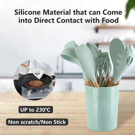 12PCS Silicone Kitchenware Non-Stick Cookware Kitchen Utensils Set Spatula Shovel Egg Beaters Wooden Handle Cooking Tool Set Hot