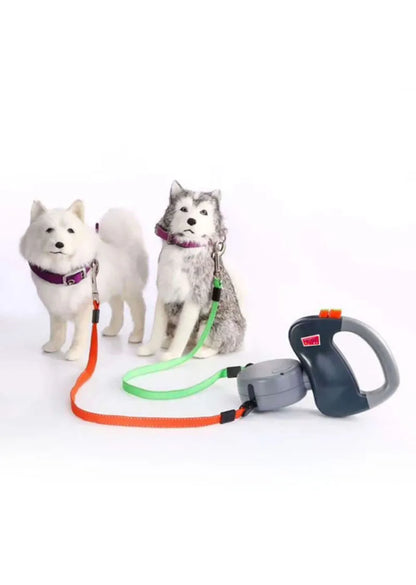 Dual Dog Retractable Leash for 2 Dogs – 10ft Auto-Untangle Reflective Leads, 50lbs Per Dog, Color-Coded Control