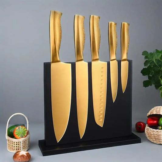 ‌Golden Stainless Steel Kitchen Knife Set - 5PC Chef Knives with Sheath, Sharp & Dishwasher Safe, Home/Pro Use, Gift Box