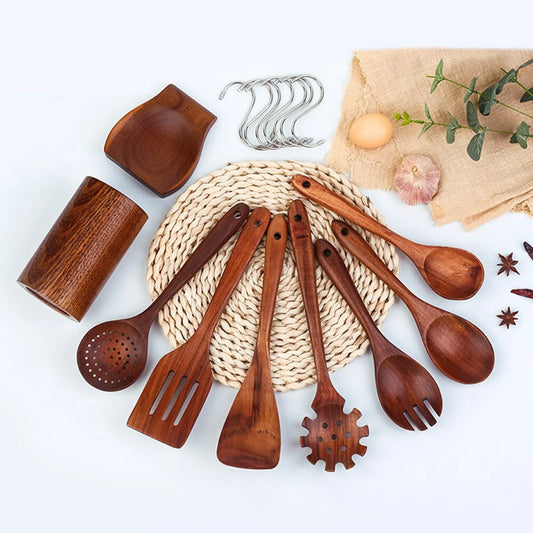 Wooden Spoons For Cooking, Nonstick Kitchen Utensils Set Comfort Grip Wooden Spatula Set, 9 Piece Teak Wooden Cooking Utensils