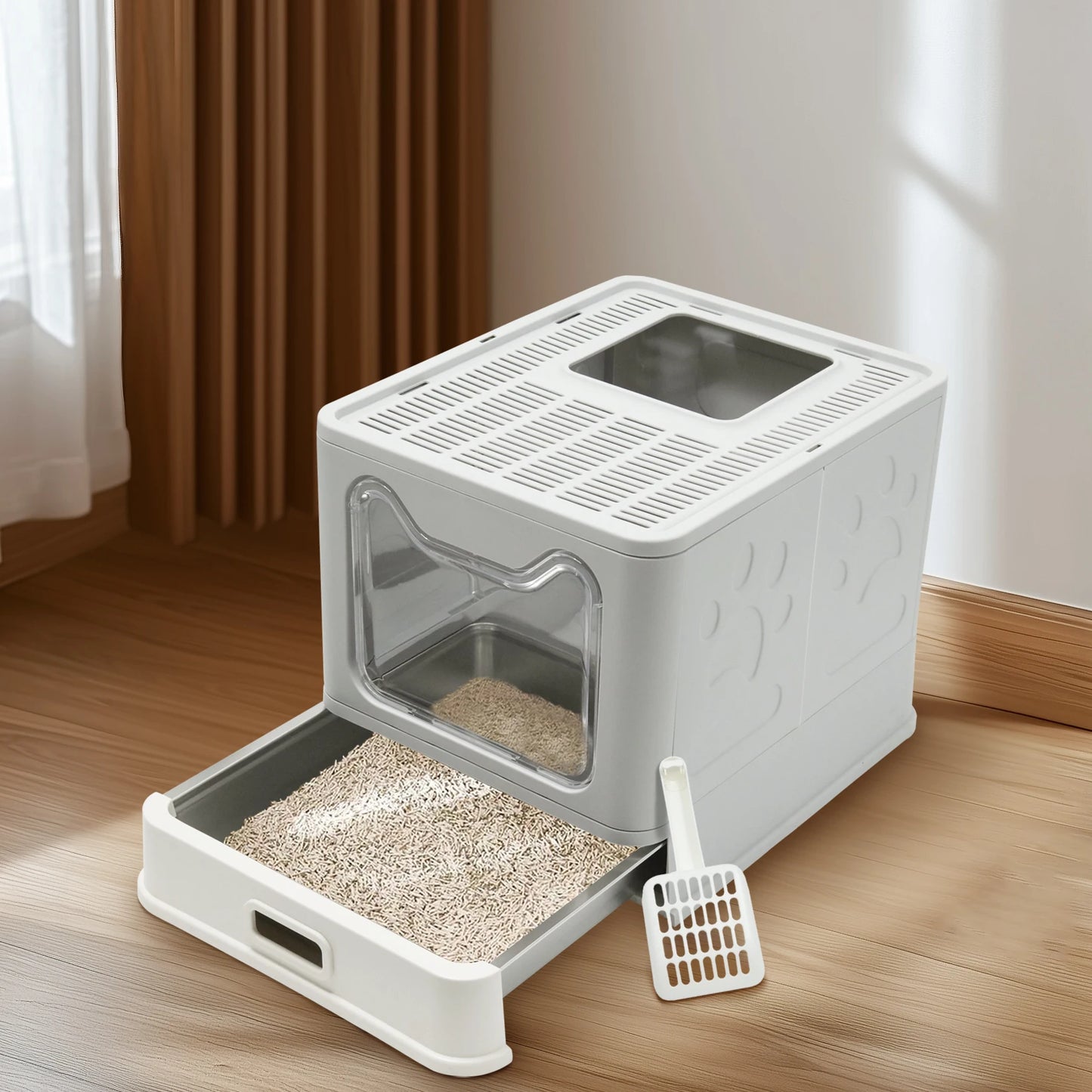 Stainless Steel Cat Litter Box with Lid – Front Entry & Top Exit, Easy-Clean Toilet with Scoop