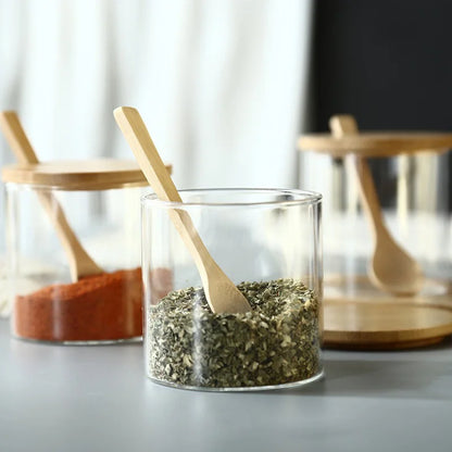 Kitchen Glass Condiment Jars Set Clear Spice Salt Container with Tray Coffee Beans Organizer Bottle Dust-Proof Seasoning Bottle