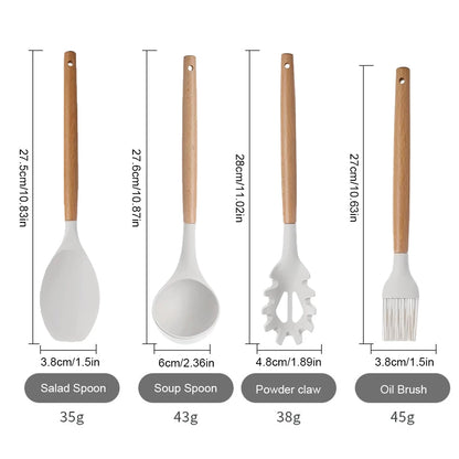 12Pcs Kitchen Utensil Set Silicone Spatula Set Wooden Handle Heat-Resistant Cookware Spatula Spoon Brush Whisk for Home Kitchen