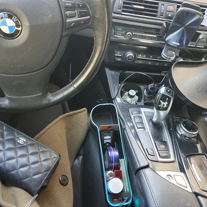 LED Car Seat Gap Organizer with 2 USB Chargers | Storage Box & Cup Holder