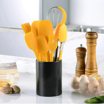 9pcs Silicone baking tool set, scraper oil brush egg whisker food pliers, with storage bucket, kitchen small tools