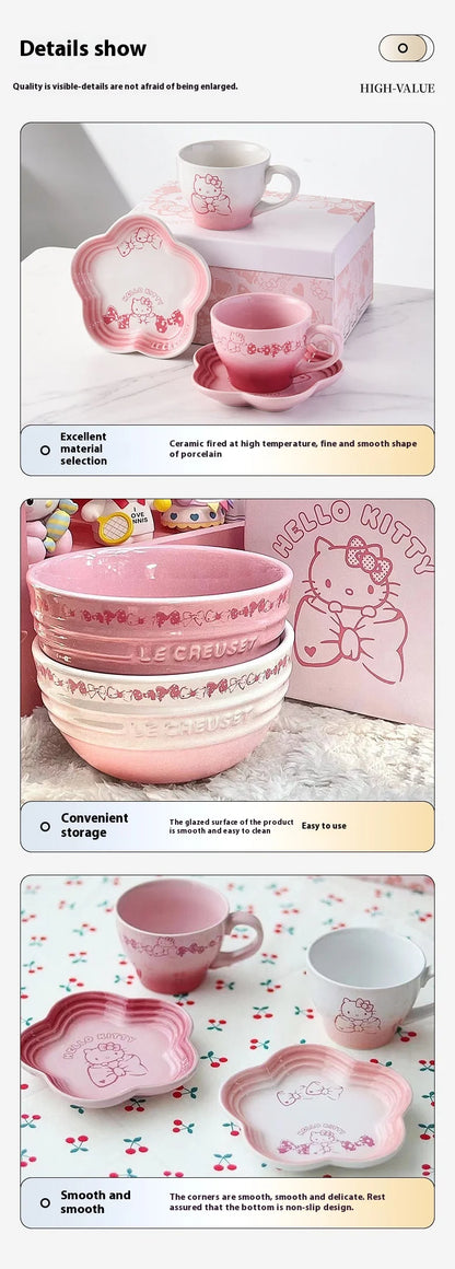 Cartoon Kitty Children Tableware Set Pink Ceramic Dinner Plate Dish Plate Tea Cup Cat Plate Cute Meal Kitchen Home Household