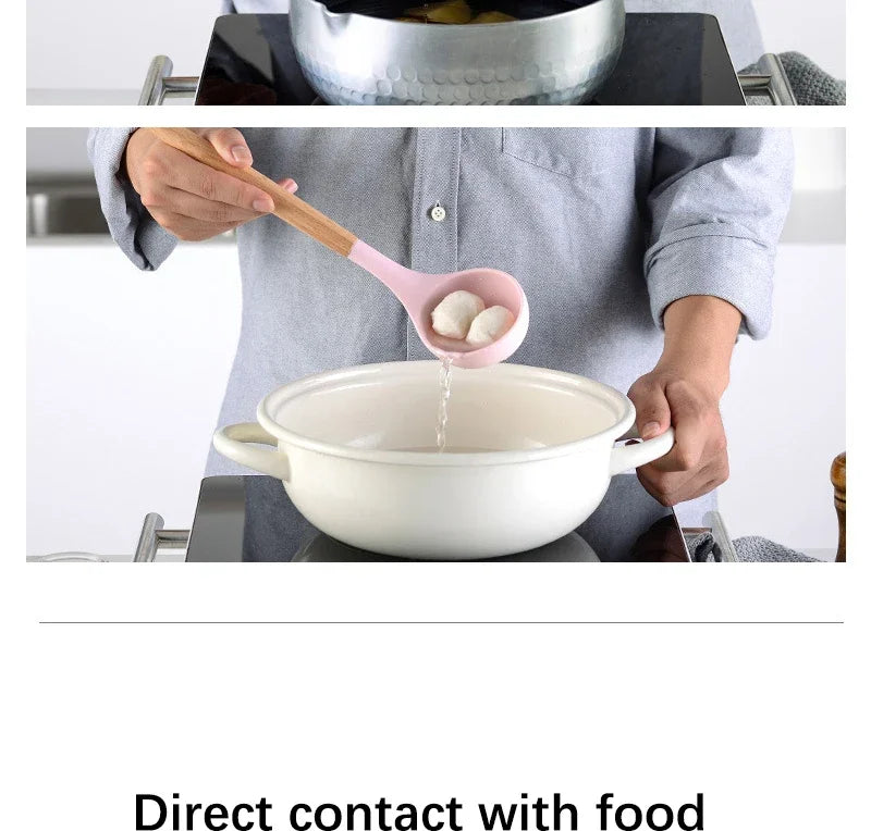 Pink Cooking Kitchenware Tool Silicone Utensils With Wooden Multifunction Handle Non-Stick Spatula Ladle Egg Beaters Shovel