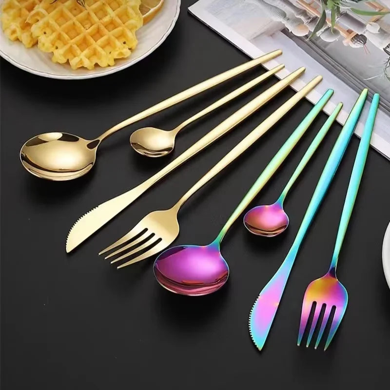 24pcs stainless steel tableware set, including knife, fork, spoon and tea spoon, suitable for outdoor travel.