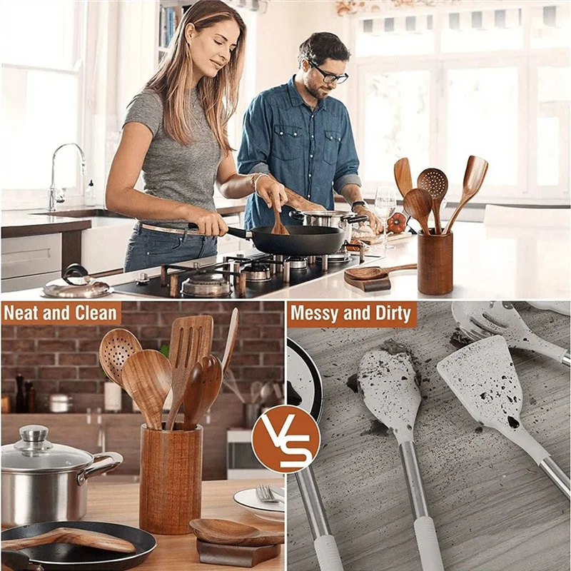 9 PCS Natural Wooden Spoons For Cooking Wooden Utensils For Cooking With Utensil Holder Teak Wooden Kitchen Utensils Setabkw