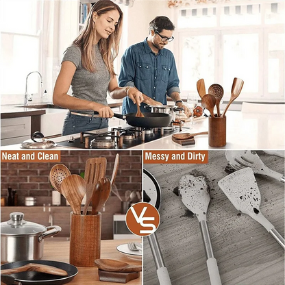 9 PCS Natural Wooden Spoons For Cooking Wooden Utensils For Cooking With Utensil Holder Teak Wooden Kitchen Utensils Setabkw