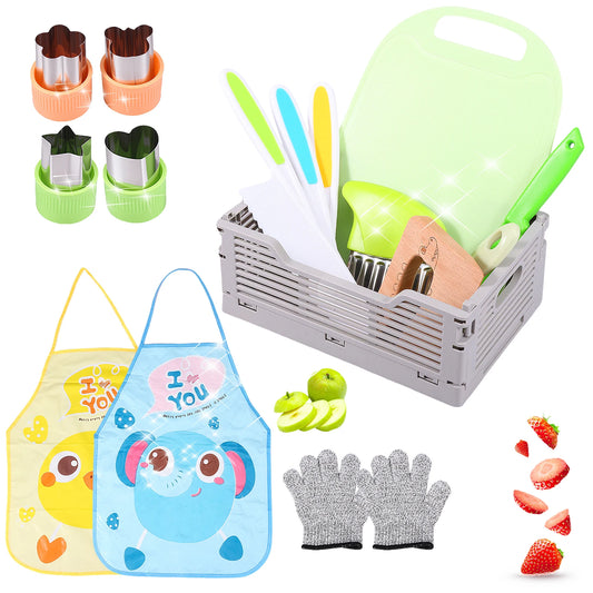 17Pcs Kids Kitchen Knife Set Safe Kids Cooking Set with Foldable Storage Box Multipurpose Toddler Knife Kit for Gathering Party