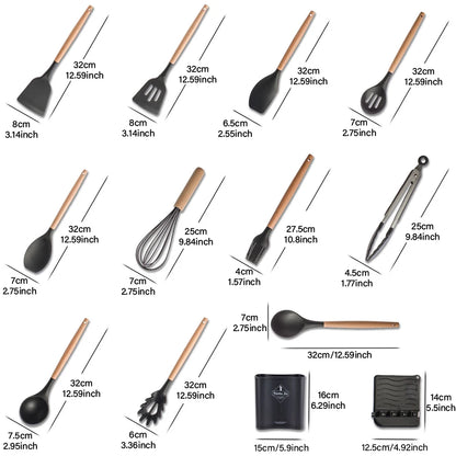 13Pcs Ilicone Kitchen Utensils Spatula Shovel Soup Spoon Cooking Tool with Storage Bucket Non-Stick Wood Handle Kitchen Gadgets