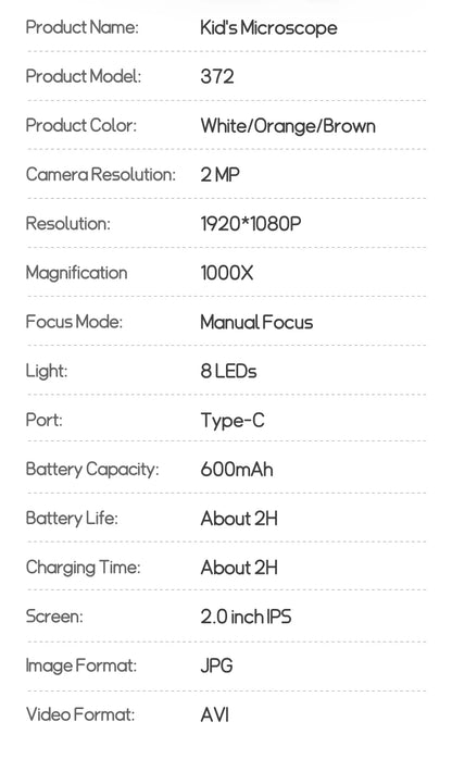 Kids Microscope 1000x Magnification 200MP With LED Light – Educational Science Toy for Children, Photo & Video Function