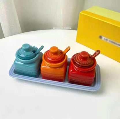 European Style Kitchen Spice Organizer Creative Ceramic Spice Jar with Spoon Gift Box Set Jam Storage Jar with Lid   Spice Rack