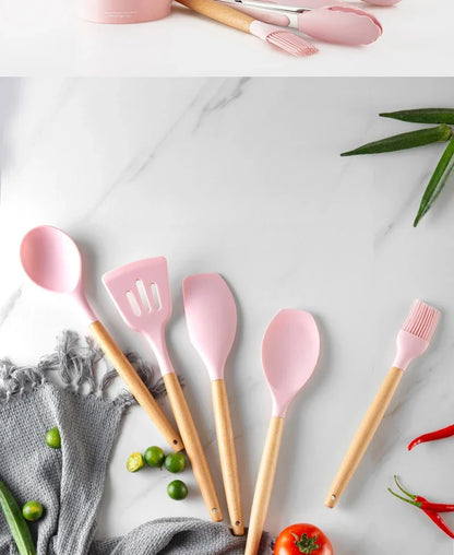 Pink Cooking Kitchenware Tool Silicone Utensils With Wooden Multifunction Handle Non-Stick Spatula Ladle Egg Beaters Shovel