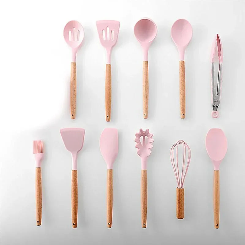 Pink Cooking Kitchenware Tool Silicone Utensils With Wooden Multifunction Handle Non-Stick Spatula Ladle Egg Beaters Shovel