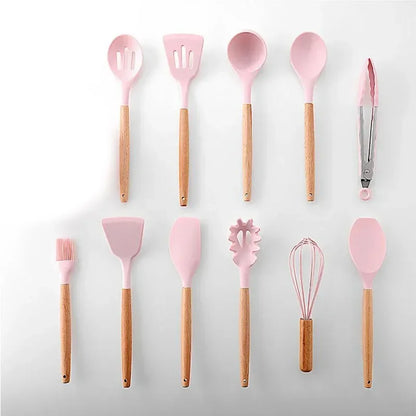 Pink Cooking Kitchenware Tool Silicone Utensils With Wooden Multifunction Handle Non-Stick Spatula Ladle Egg Beaters Shovel