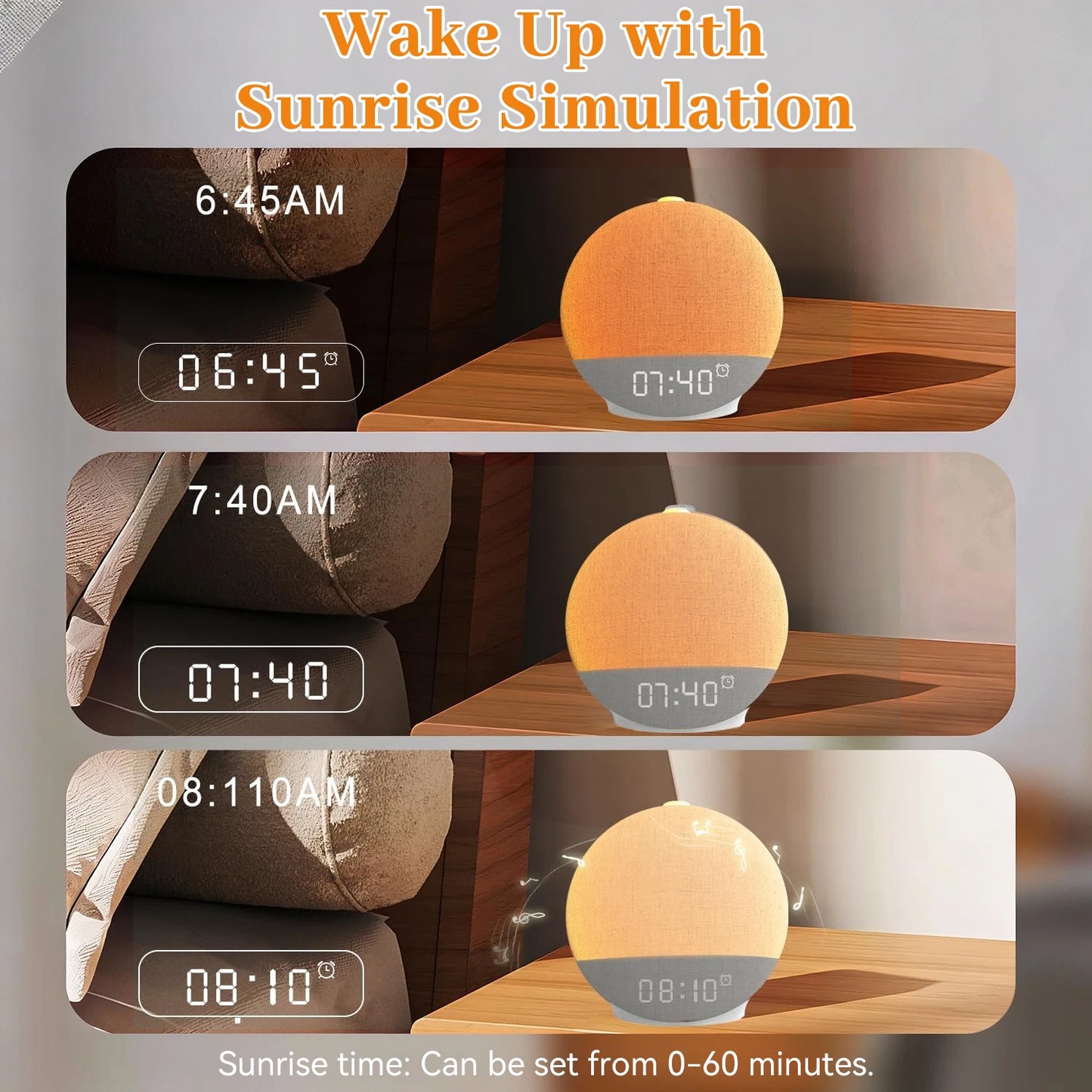 Sunrise Wake-Up Alarm Clock with Sound Machine – White Noise, Bluetooth Speaker, 30 Sleep Sounds for Heavy Sleepers