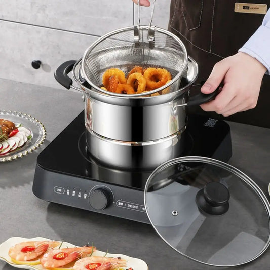 Kitchen Cookware Stainless Steel Deep Fryer Pot with Frying Basket and Steamer Japanese Pasta Pot Visible Lid Stockpot Noodle