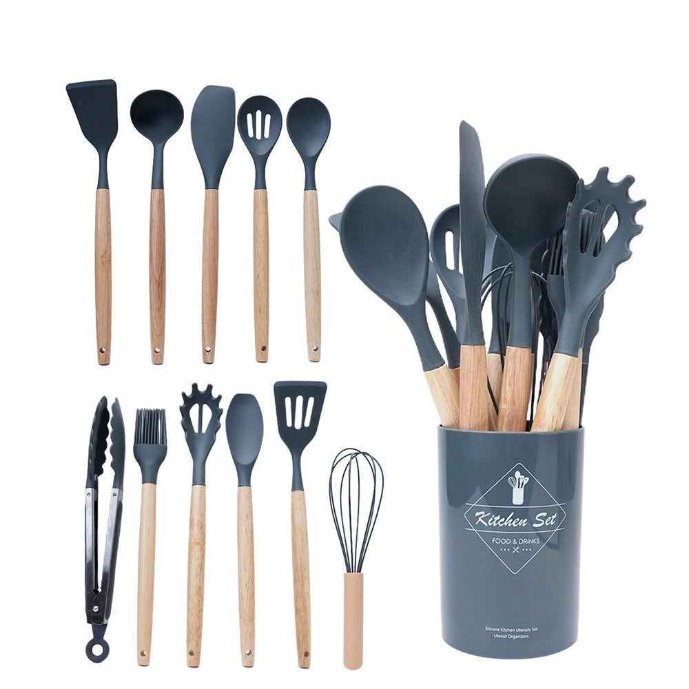 Silicone Kitchen Cooking Utensils Set Non-Stick Spoon Kit With Holder Wooden Handle Scoop Spatula Gadgets Ladle Colander Set