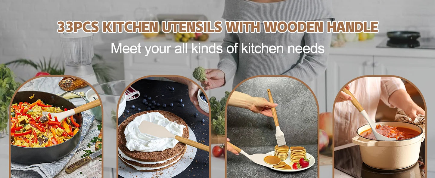 Silicone Kitchen Cooking Utensils Set Non-Stick Spoon Kit With Holder Wooden Handle Scoop Spatula Gadgets Ladle Colander Set