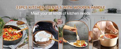 Silicone Kitchen Cooking Utensils Set Non-Stick Spoon Kit With Holder Wooden Handle Scoop Spatula Gadgets Ladle Colander Set