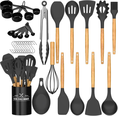 Silicone Kitchen Cooking Utensils Set Non-Stick Spoon Kit With Holder Wooden Handle Scoop Spatula Gadgets Ladle Colander Set