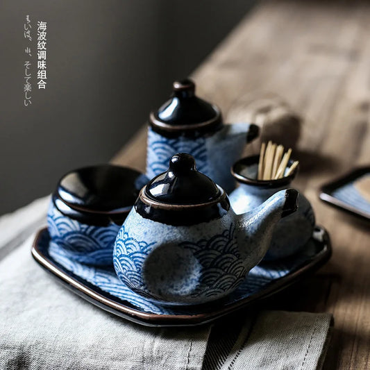 Blue Ceramics Seasoning Jar Olive Oil Bottle Sugar Bowl Household Kitchen Supplies Salt Shaker Kitchen Seasoning Tools