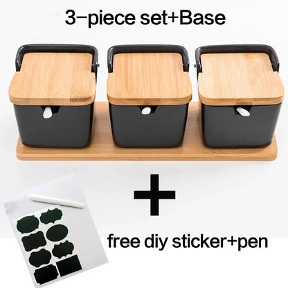 Kitchen Spice Rack Ceramic Wooden Lid Bamboo Tray Base Seasoning Pot Tool Porcelain Storage Container Set Convenient Salt Pepper