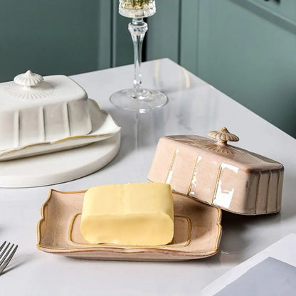 European Kitchen Utensils Ceramic Butter Dish Exquisite Rectangular Dim Sum Dish Household with Cover Storage Tray Hotel