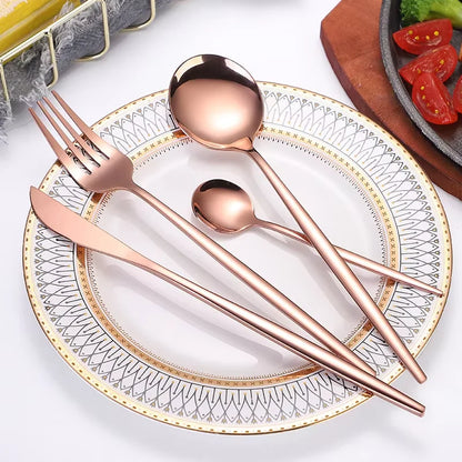 24pcs stainless steel tableware set, including knife, fork, spoon and tea spoon, suitable for outdoor travel.