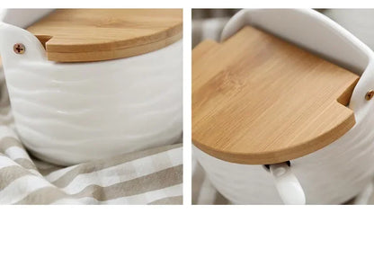 Kitchen Spice Rack Ceramic Wooden Lid Bamboo Tray Base Seasoning Pot Tool Porcelain Storage Container Set Convenient Salt Pepper