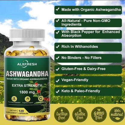 Ashwagandha Root Extract Capsules 1800mg for Natural Mood, Stress, Focus, Brain, Energy, Sleep Health Support