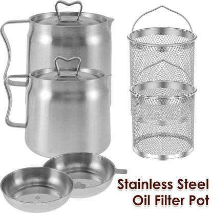 Kitchen Oil Strainer Stainless Steel Oil Filter Pot 1.5/2L Grease Oil Storage Can with Fine Mesh Strainer Strainer Fry Basket